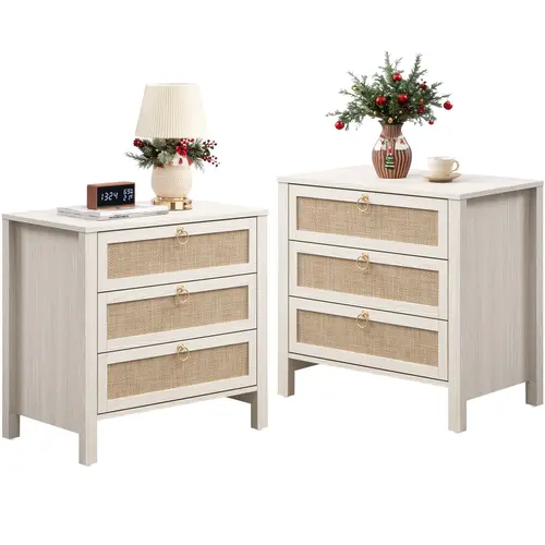 SICOTAS Carbon Cherry White Rattan Nightstand Set (2-Piece), 26.78" W x15.55"D x25.67"H Furniture for Bedroom, 3 Drawers with Golden Handles, Durable Boho Dresser, Wide Top Fits Lamp, Clock, and Mug, 2-Set Room Match Decor