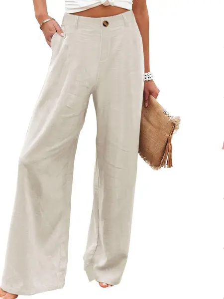 Molitree Women's Cotton Linen Wide Leg Pants High Waisted Loose Fit Casual Trousers with Button Up Breathable Summer Summervibes Travel Beach Pants Apricot