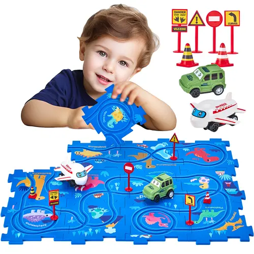 hahaland Dinosaur Puzzle Track DIY Building Kit - 12-Piece Unisex Montessori STEM Brain Teaser Sturdy Building Set for Child, AAA Battery-Powered ABS Components, Car, Airplane, Road Signs, Colorful Map, Easy-Clean Hard Plastic Educational Birthday Toy