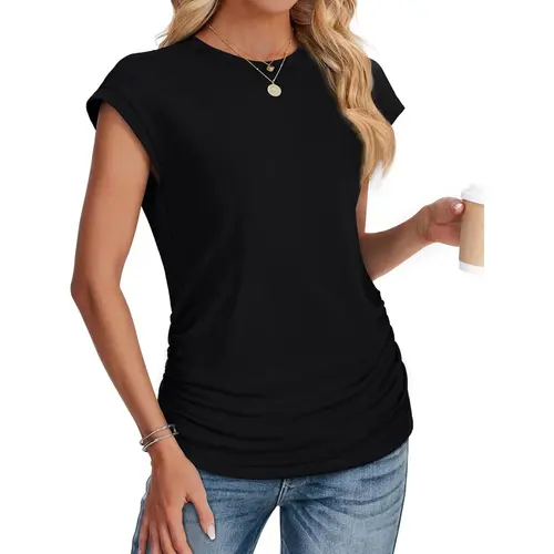WIHOLL Women's Casual Cap Sleeve T-Shirt - Simple, Stretchy 5% Spandex, Soft Flexible Tops, Clean Basics for Business & Daily Use, Feminine Ruched Sides, Comfortable Crew Neck, Minimalist Design, Do Not Bleach