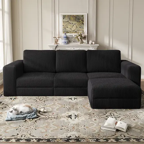 【SohoChic】ONBRILL 3 Seater 110" Comfy Corduroy Cloud Modular Couch with Chaise(2 Packages Shipping), L-Shaped Sectional Sofa Couch with Deep Seat, Modern Upholstered Couches for Livingroom Bedroom Furniture, No Assembly Required,DIY,Breathable
