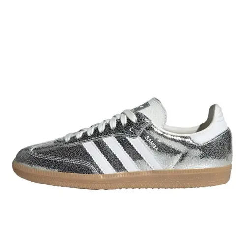 Adidas Women's Samba OG Classic Cracked Leather Sneakers - Silver Metallic Cracked Leather Texture, Bold OG Silhouette for Daily Outfits, Casual Use Sneaker for Walking