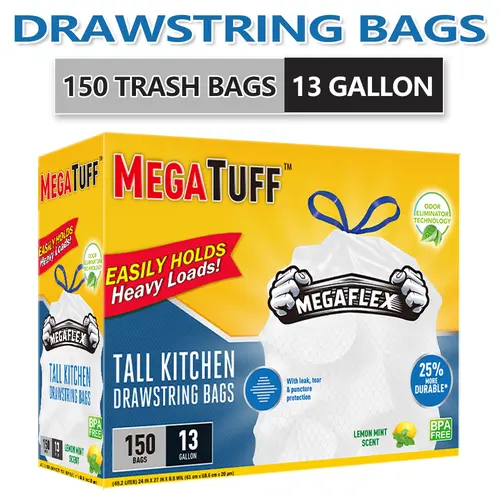 150-Count 13gal Scented Lemon Mint Trashbags, Boxed Deodorizing Odor Control, Puncture-Resistant, Non-Tear, Easy-Use Drawstring for Kitchen Home Care Supplies