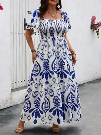 【Plus Size】 All Over Print Dress, Boho Bohemian Casual Long Dress for Daily Holiday Vacation Summer Wear, Women's Plus Clothes for All Seasons, Womenswear