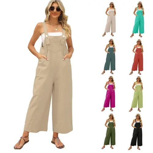 Molitree Summer Cotton Linen Bib Overalls Women Baggy Sleeveless Wide Leg Jumpsuits with Pockets Casual Womenswear Minimalist Apricot Romper Jumpsuit Casual Comfy Jumpsuit, Basic, Beach‑To‑Street Wear