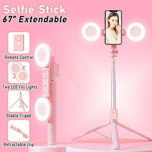67 Selfie Stick Tripod with 360° Rotatable Ring Light, Dual Fill Lights, Selfie Light，Wireless Remote for iPhone Android phone tripod for Vlog stand content Gifts
