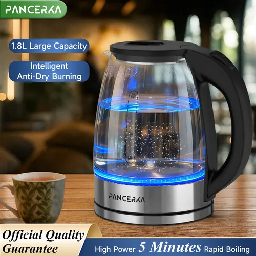 PANCERKA 1.8L Electric Jug Kettle for Kitchen Appliances, 1000W-1500W Fast Heating, 110V~ US Plug, Auto Shut-Off, Anti-Dry Burn, Wide Opening, BPA-Free, Stainless Steel Inner Lid & Filter, Blue LED Boil Cue, Easy to Clean for Home, Office