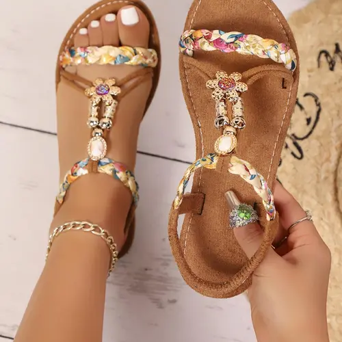 Women's Fashionable Ditsy Floral Pattern Braided Sandals, Boho Style Open Toe Slingback Sandals for Summer, Lightweight Breathable Comfortable Shoes for Daily Wear, Bohemian Trending Sandals for Girl, Elegant Floral Sandals, Daily Wear Footwear