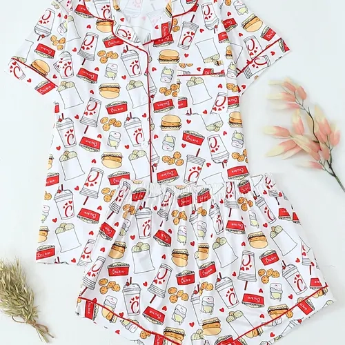 Women's All Over Print Short Sleeve Top & Shorts Pyjama Two-piece Set, Casual Comfy Top & Shorts Set, Ladies Sleepwear for All Seasons, Casual Sleepwear Loungewear, Loungewear Shorts Sets, Pajama Set, Pajamas