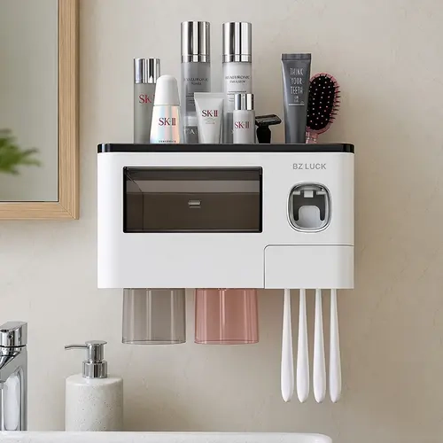 Wall-Mounted Bathroom Organizer with Automatic Toothpaste Dispenser, Bathroom Accessories, Wall Saves Counter, Removable Oral Grooming Automatic Dispenser Toothbrush Holders for Home Use