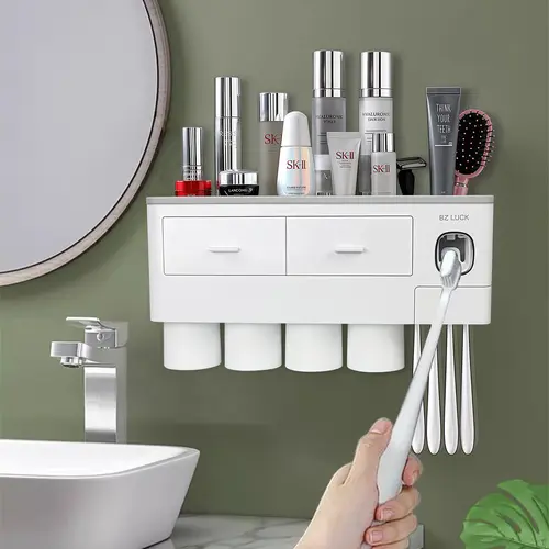 Modern Wall Mounted Magnetic Toothbrush and Toothpaste Holder with Squeeze Device, 2-4 Magnetic Cups, Quick Drain, Auto Paste Flow, Waterproof Dustproof 6 Slots Bathroom Accessories for Home Organization
