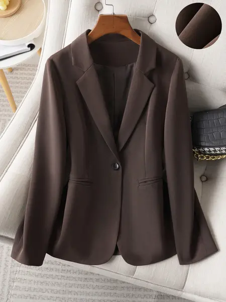Women's Button Front Blazer Jacket, Work Office Blazer, Slim Fit Fitted Long Sleeve Coat, Minimalist Office Style, Spring & Fall Fashion, Plain Design with Pockets
