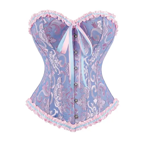 Women's Lace Up Boned Overbust Corset Top Bustier Lingerie Bodyshaper Top Halloween Costumes Shapewear Gothic Party Outfit Floral Blue Witchy Clothing 819AJ D3