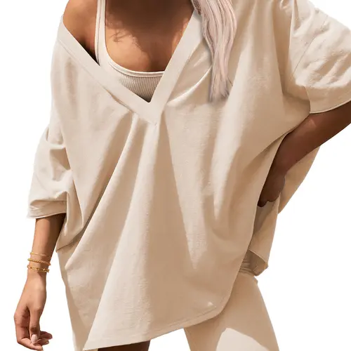 Ekouaer Women's Top 2-Piece Oversized Reversible Deep V-Neck T-Shirt & High Waist Above-the-Knee Bodycon Biker Shorts Set - Breathable Soft Fabric Sporty Loungewear, Nightwear for Summer Athleisure, Party
