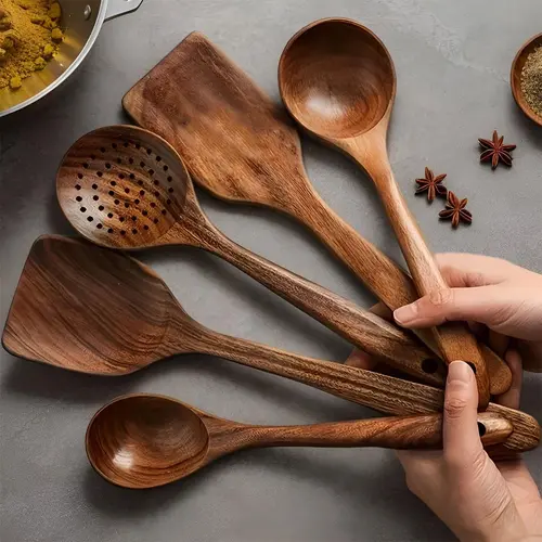 Natural Wood Functional Cooking Utensils Set - 5/10-Piece Non-Stick Kitchen Gadgets with High Heat Resistant Handles, Includes Wooden Spoon, Solid Spoon, Spatula, Wok Tool, Reduces Hand Fatigue, Easy Warm-Water Wash, Stirring Compatible for Home Use