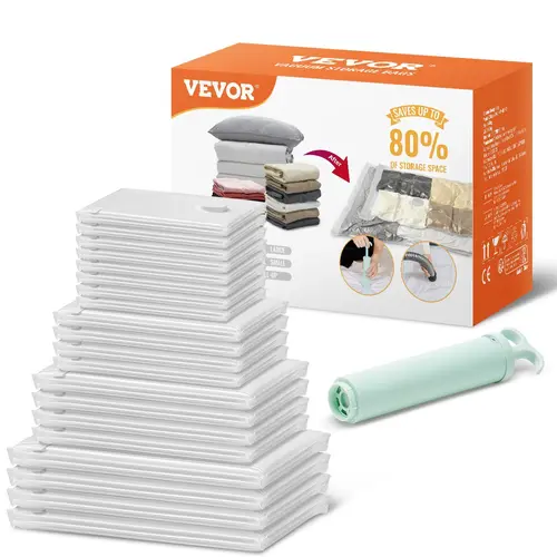 VEVOR 20 Space Saver Compression Vacuum Storage Bags with Manual Hand Pump, Zipper Closure, Tear-Resist PA+PE Blend Closet Organizer for Clothes, Comforters, Travel Essentials