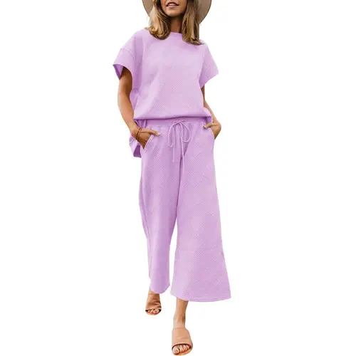 FISOEW Lady's 2-Piece Matching Set for Women - Soft Cozy Textured Short Sleeve Top, Drawstring Waist Cropped Wide Leg Pants, Casual Lounge Nightwear for Airplane, Women's 2 Piece Pants Set