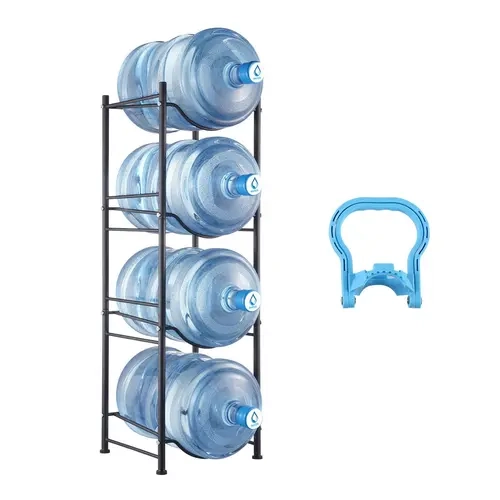 【toolupgrade】VEVOR Solid Iron 5-Tier Heavy-Duty Detachable Double-Row Free-Standing Water Jug Display Shelf Organiser, 13x13x41.2 in Anti-Tip Vertical Organizer Stand Racks & Displays for 10x5 gal Bottles, Laser-Cut Holes, Corner Space Saver (Black)