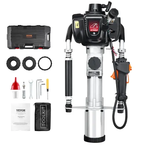 【toolupgrade】VEVOR 37.77cc Gas-Powered T Post Driver Power Tool, Heavy Duty 4-Stroke 1000W Aluminum Alloy Portable Piledriver with 6500 rpm, 3 Heads (45/55/88mm), Shock Absorption, Fast Piling Speed for Farm Fence Posts, Riverbank Construction, Hardware,