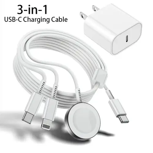GQOHRT MFI Certified Durable Nylon Braid 3-in-1 USB-C Electronic Charger Combo with Adapter & Plug - Fast Charge for Cellphone/Smartphone (iPhone 16/15/14/13), Smart Watch 9/8/7, Tablet, Magnetic Cable, LED Status Light, Overheat Guard, Men's Gift