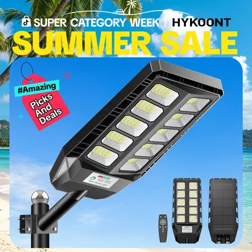 HYKOONT TW001 Solar Street Light - 3Year Warranty, 6V, 288 LEDs Flood Wide Areas Solar LED Patio Outdoor Lamp, 6500K, Waterproof, Remote Control, Dusk-to-Dawn, Motion Sensor, Batteries Included for Yard, Streets
