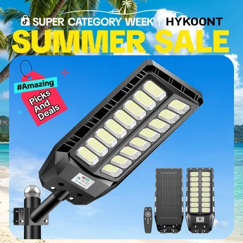 HYKOONT TW016 Outdoor Solar Street Light, 192000 Lumens IP66 Waterproof Outdoor Security Light with Dusk-to-Dawn, Motion Sensor, Remote Control, Wall/Post Mount, ABS&Aluminum Durability, Works from -20°C to 50°C for Parking Lots