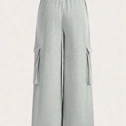 Women's Plain Flap Pocket Cargo Pants Knit Fabric, Lady Casual Aesthetic Streetwear Wide Leg Trousers for Spring & Fall, Women's Bottoms for Everyday Wear Loose Fit Oversize Baggy Pants, Womenswear