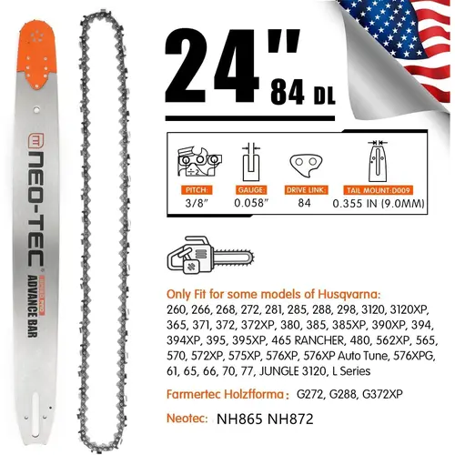 NEO-TEC 24-Inch Heavy Duty Gas Power Chainsaw Guide Bar + Chain Combo, 3/8 Pitch, 0.058 Gauge, 84DL Cut Drive, 9.00mm, Full Chisel Metal, Replaceable Chainsaw Bar Nose, Fits Oregon 248RNDD009, Husqvarna 372XP/G372XP/NH872, for Falling Trees