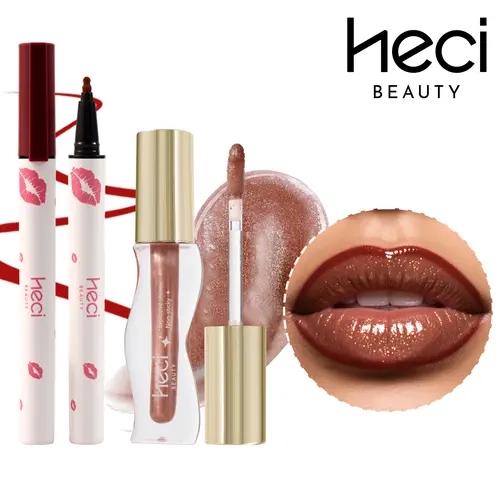Heci Shimmer Lip Gloss & Lip Line Makeup Duo Set,2pcs High Shine And Long-Lasting Moisturizig Lip Makeup Kit Moisturizing, Moisturizer, Cosmetic