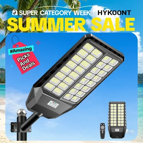 Hykoont 7000 Lumens IP67 Solar Powered Outdoor Wall Light - ABS-Metal Dusk-to-Dawn Street Light with Motion Sensor, Remote Control, 48ah Battery, 12-30h Run, 36h Lowlight Run, Adjustable Clamps, 3-Year Warranty, 448000lm, 6.58kg for Parking Lots