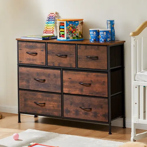 Sweetcrispy 7-Drawer Fabric Bin Storage Organizer - Tall Steel Frame Modern Neutral Cabinet, Drawer Chest Sideboard, Storage Box Bedroom Furniture, Stackable Bin for Indoor Room Organization