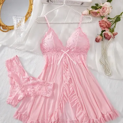 Women's Solid Floral Lace Sheer Mesh Sexy Lingerie Two-piece Set, Cute Bow Front Peplum Hem Cami Nightdress & Thong Set, Soft Comfy Breathable Lingerie Set for Women, Glam Lounge Wear, Lace Night Gown, Loungewear, Floral Lace Sleepwear