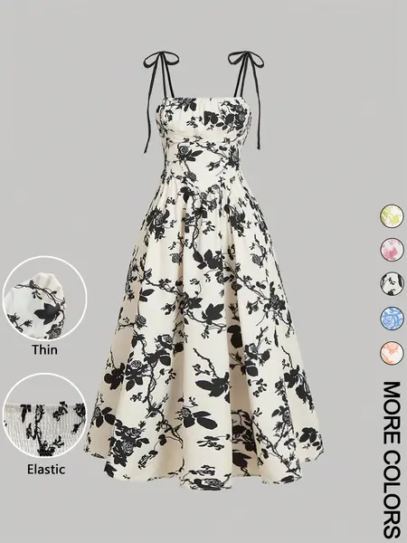 Women's Floral Print Tie Shoulder Adjustable Cami Fitted Lightweight Dress, Fashion Casual Chic Aesthetic Sleeveless Spaghetti Strap Dress for Daily Outdoor Wear, Women Dress for Summer