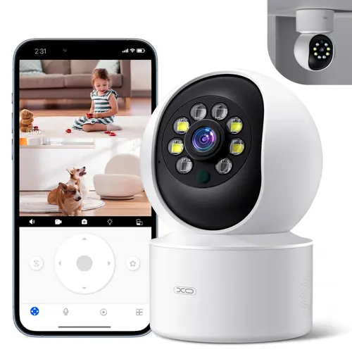 XO Smart Indoor Security Camera - 1080P HD 360° Wide Angle Panoramic Camera Security System, 2.4GHz Wi-Fi & 5GHz Wi-Fi, Color Night Vision, Motion Tracking, 1-Touch Call, Wall Charger, Smart Home Gadget for Home Monitoring, Baby/Pet Monitor