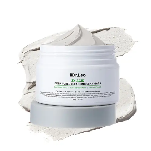Dr.Leo Alcohol-Free Amazon White Clay Face Mask with Salicylic Acid - 100g Vegan Gentle 15-Min Pore Detox, Oil Control, Blackhead Removal for Sensitive Acne-Prone Skin, Unisex Skin Repair Acne Clearing Product