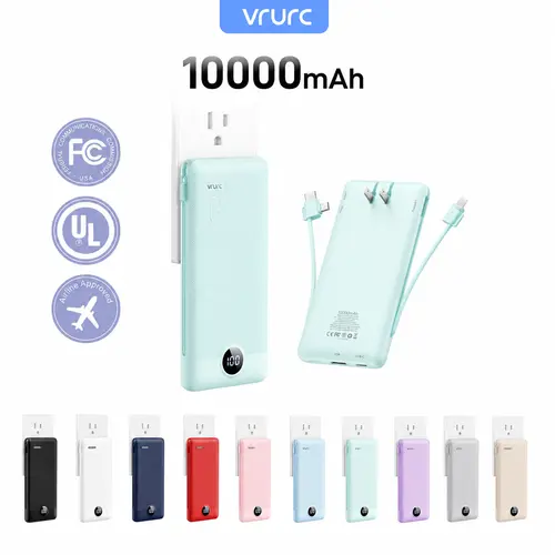 VRURC 10000mAh Chargeable Mobile Battery Power Bank - Portable Electronic Gadget with Built-in Cables, AC Wall Plug, USB C for Smartphones, Tablets (Viva Magenta)