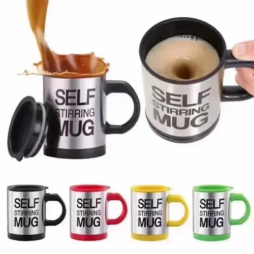 Electric Coffee Stirring Cup - Large-Capacity Reusable Stainless Steel Battery-Powered Ceramic Washable Black Portable Beverage Mug, Slim Vacuum Flask, Coffee Drink Cup for Easy Cleanup