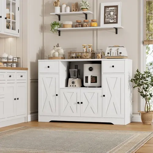 HOSTACK Microwave Cabinet with Charging Station, 47" W Kitchen Storage Cabinet with Microwave Stand, Modern Farmhouse Buffet Sideboard with Drawers and Shelves for Kitchen, Dining Room