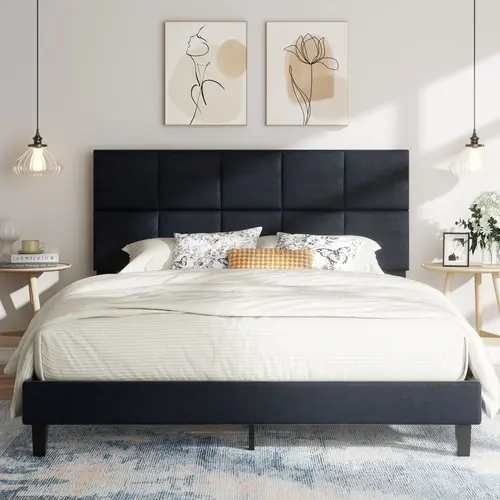 Walsunny Queen Bed Frame with Headboard, Wood Queen Platform Bed No Box Spring Needed, Fabric Upholstered Bed Frame ,600 LBS Support,Noise Free, Dark Grey