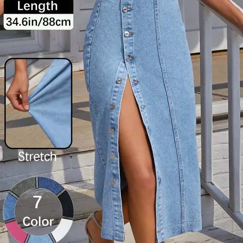 OBlue Jeans Women's  Button Front Light Wash Denim Split Hem Skirt, Casual Fashion Fitted Skirt for Daily Wear, Ladies Bottoms for All Seasons, Button Fly Skirt, T-Chic