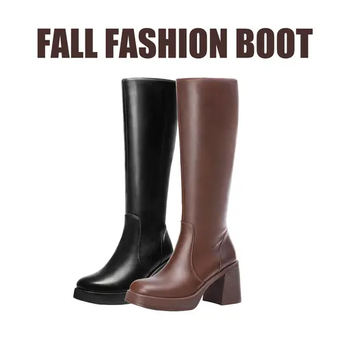 Callista Women's Wide Calf Knee High PU Leather Boots - Square Toe, Chunky Heel Style, Platform Sole, Full Side Zipper, Comfortable Heels, Sleek and Smooth, Casual Modern Statement Footwear