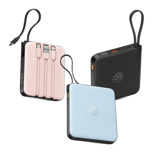 VRURC Ultra-Compact Chargeable Mobile Emergency Power Bank - 10000mAh Mini, 22.5W/20W Fast Charging Slim Portable Charger, 0.7” Thickness, Built-In USB-C Cable, Real-Time LED Screen, for Smartphones & Tablets (Travel Gadget, Multiple Device Charging)