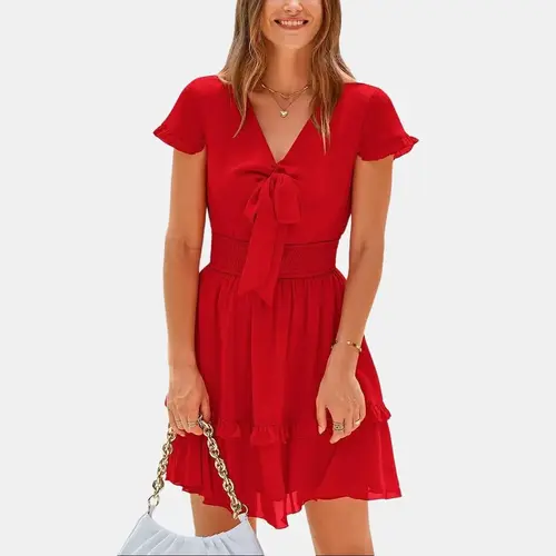 PrettyGarden Women Summer Casual V Neck Short Sleeve Tiered Bow Mini Sun Dress for Beach Vacation in Beachy Blue- Womenswear