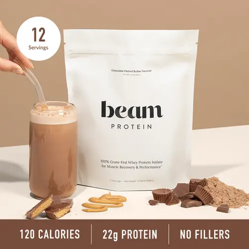 Beam Whey Protein — 12 Servings for Strength & Post-Exercise Recovery (Peanut Butter Flavor, 100% Grass-Fed, Top-Rated)