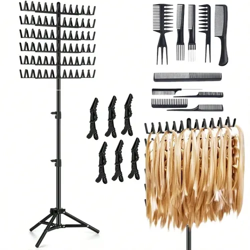 1 Set Wig Braiding Stand Kit - Height Adjustable, High Load-Bearing, Easy to Assemble Hair Stylist Equipment with Storage Stand, Section Comb, Black Heatless Curl Rods, Hair Weft, Braiding Board Accessories for Salons, Homes