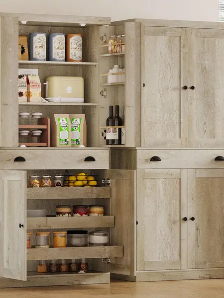 Summer Vibes IRONCK 72" High Safe Storage Cabinet, Freestanding MDF Rustic Maple Sideboard with Drawer, Sliding Storage Rack, 6 Hanging Shelves & Anti-Tip Kit, for Dining Room, Laundry (2 Packages Shipping), Sideboard With Storage