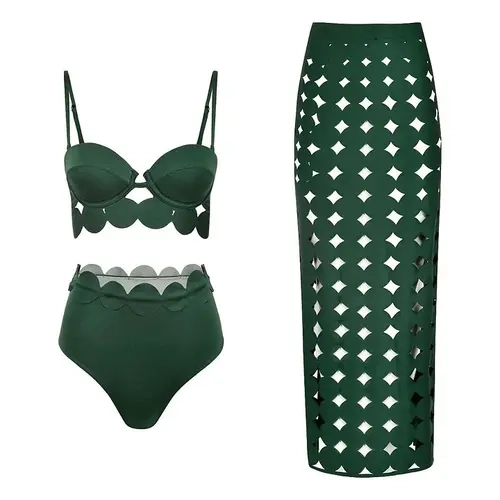 FLAXMAKER Women's Hollow Green High Waist Bikini Swimsuit and Matching Skirt Two Piece Swim Set Swimwear Bathing Suit Stylish Beachwear #dailydeals#tiktokshopstockup #Summervibes outdoorfun #SwimWeek