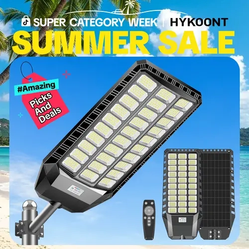 HYKOONT Solar Street Light - Super Bright 1080LED Flood Light, Outdoor Waterproof Lamp, 25% Conversion Rate, Dusk to Dawn, Motion Sensor, Remote Control, 50000h Lifespan, 77*34.4*7 cm, Ideal for Parking Lot, 30-Day Return