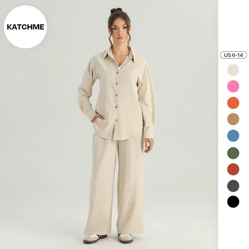 KatchMe Women's Minimalist Solid Color Long Sleeve Button-Up Blouse & Wide Leg Trousers Co-ord, Basic Soft 2 Piece Co-ord Set, Casual Plain Holiday Outfits