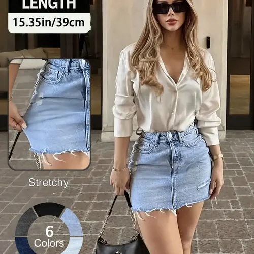 Women's Denim Skirt, Fashion Casual Elegant Ripped Skirt for Daily Outdoor Wear, Ladies Bottoms for Summer, Stretchy Denim Skirts